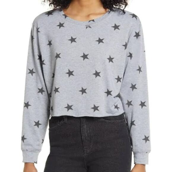 NWT La La Land Soft Long Sleeve Crew Crop Top Sz Large in Gray with Black Stars - Picture 2 of 6
